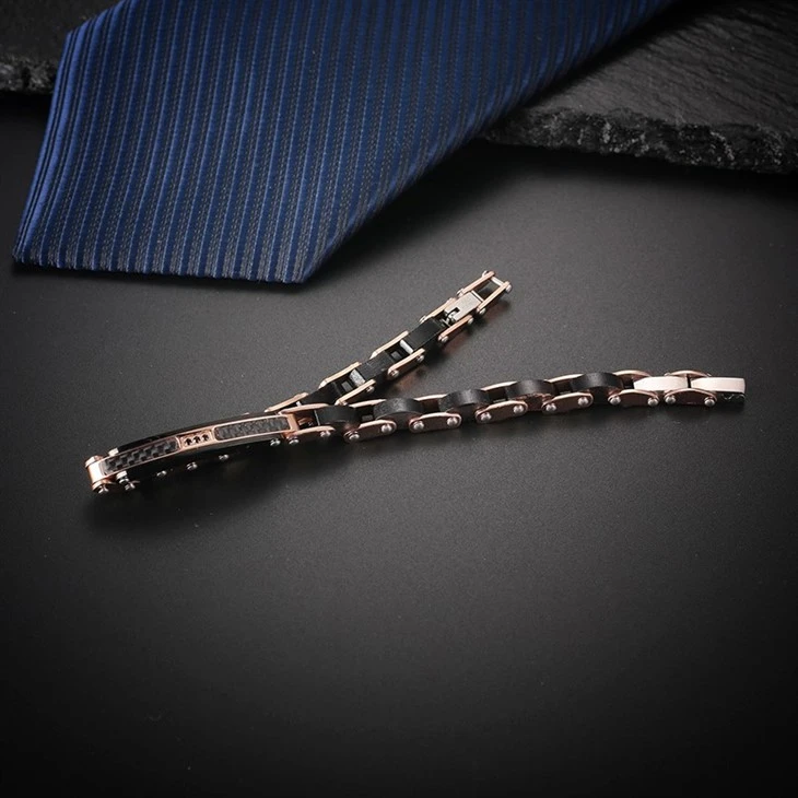 Rose Gold Stainless Steel Carbon Fiber Wood Zircon Link Bracelet best