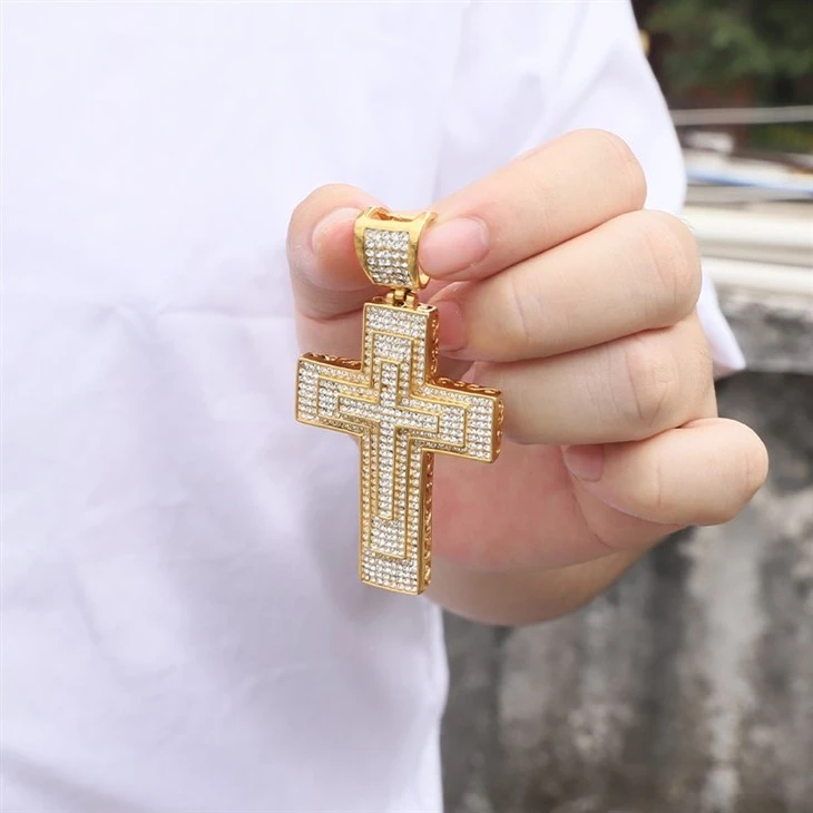 Double-Frame Iced Out Zircon Cross Pendant Necklace high quality